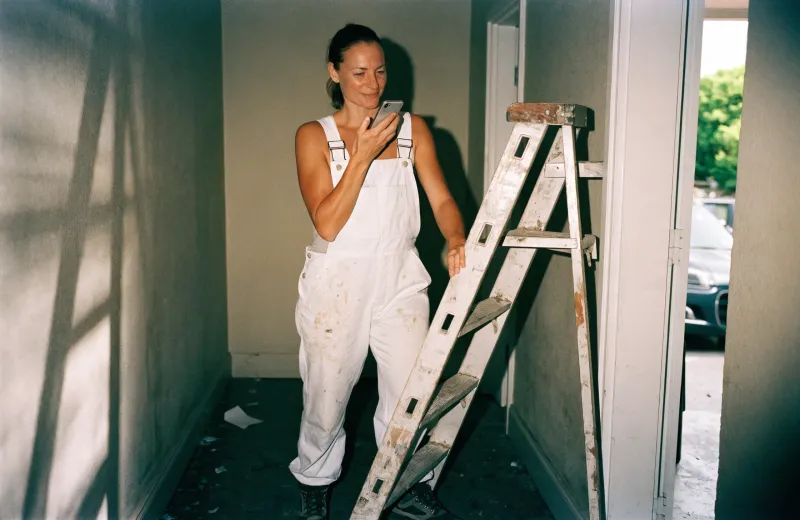 Australian painter in overalls checking a phone beside a step ladder inside a house