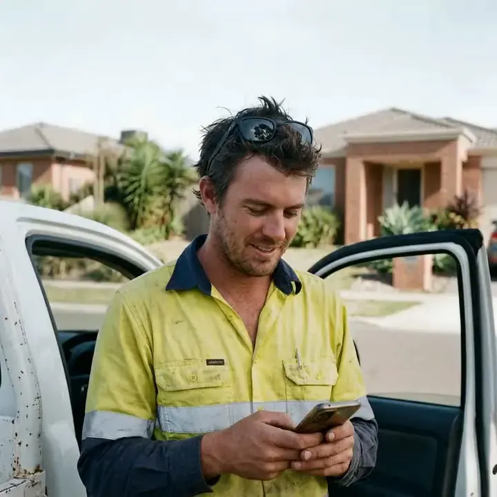 A tradesperson in hi-vis checking their phone beside their ute